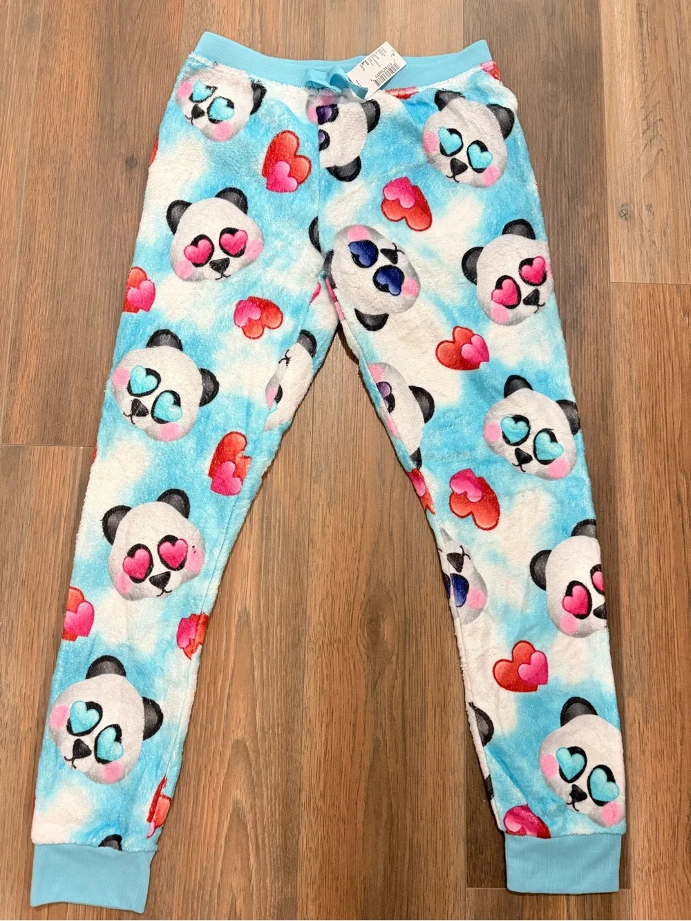 Cozy Panda Heart Fleece Joggers - Blue & Pink 10/12 girls large
